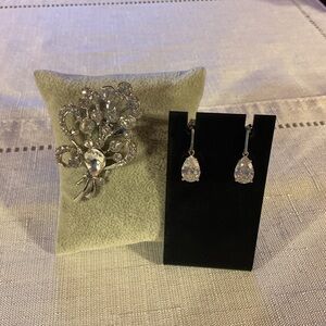 Floral Bouquet Rhinestones Silver Plated Brooch and Sterling Silver Earring Set